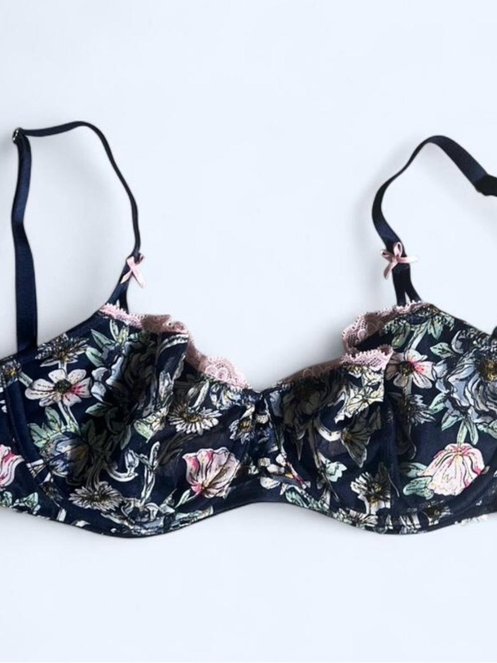 Victoria's Secret Navy Floral Underwire Bra with Pink Lace Accents